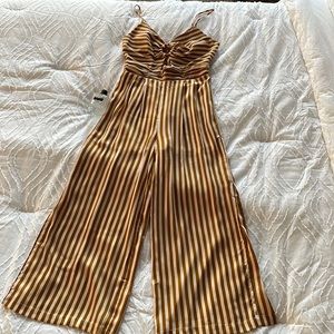 Ettna Mustard yellow striped cutout front wide leg jumpsuit